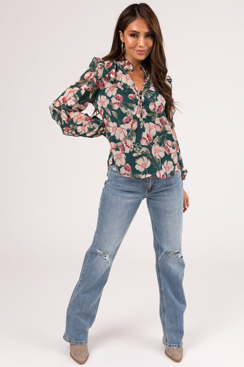 Hunter Green Floral Print Long Sleeve Blouse