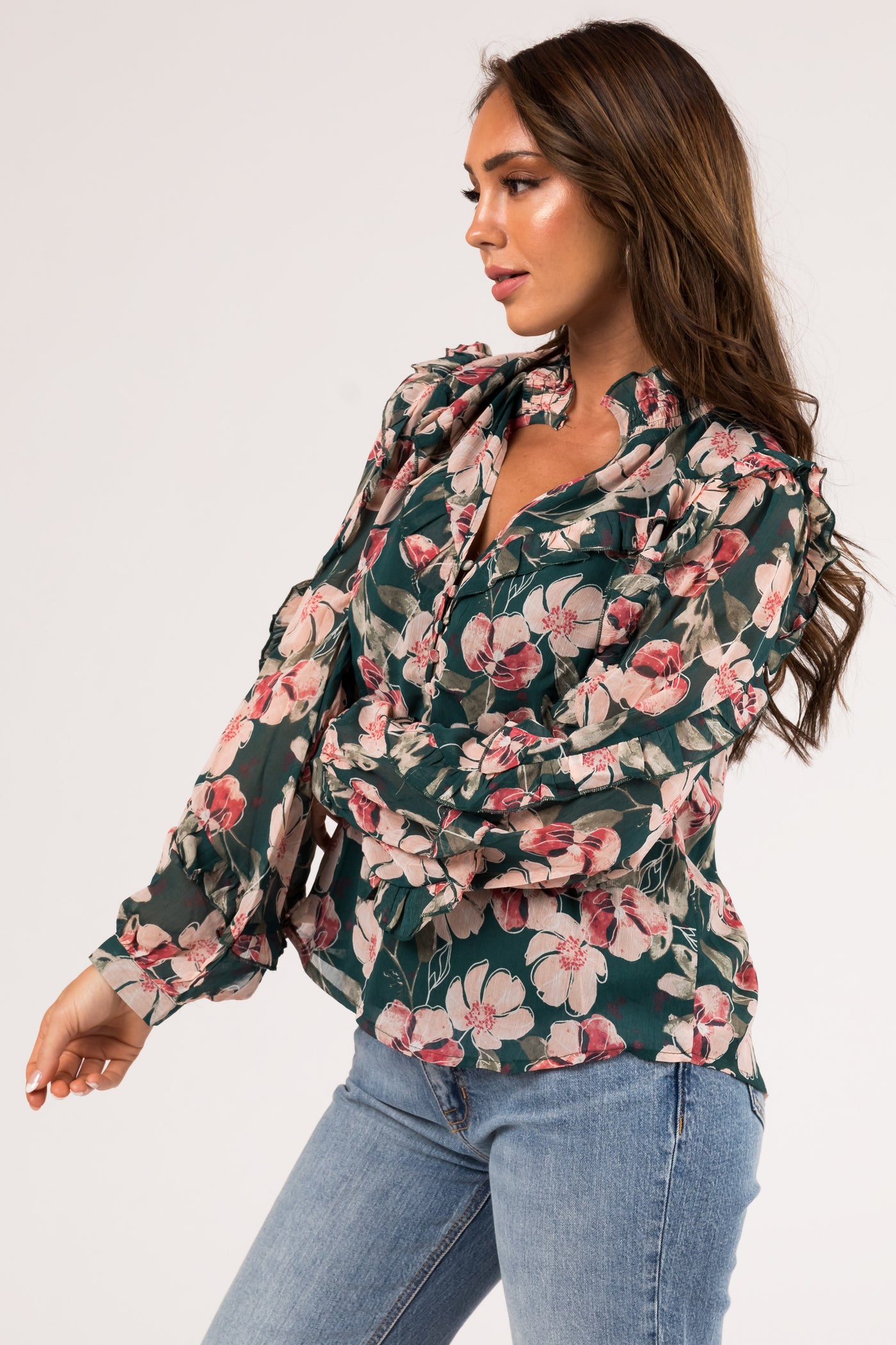 Hunter Green Floral Print Long Sleeve Blouse