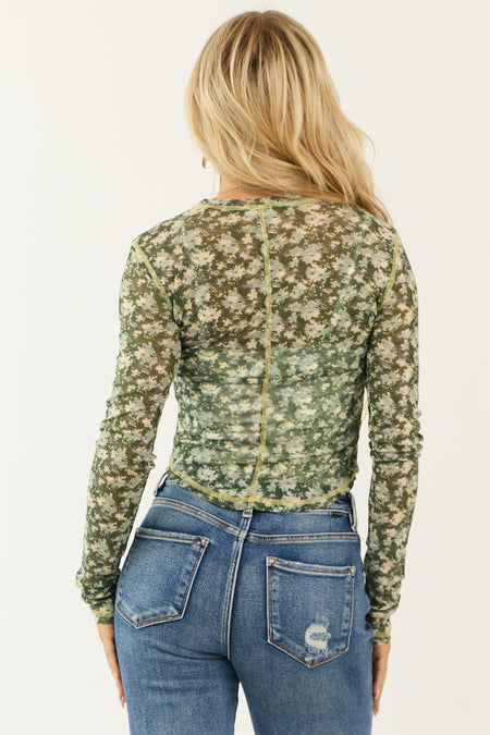 Hunter Green Floral Print Long Sleeve Mesh Top