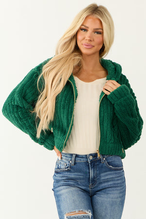 Hunter Green Hooded Ribbed Faux Fur Jacket