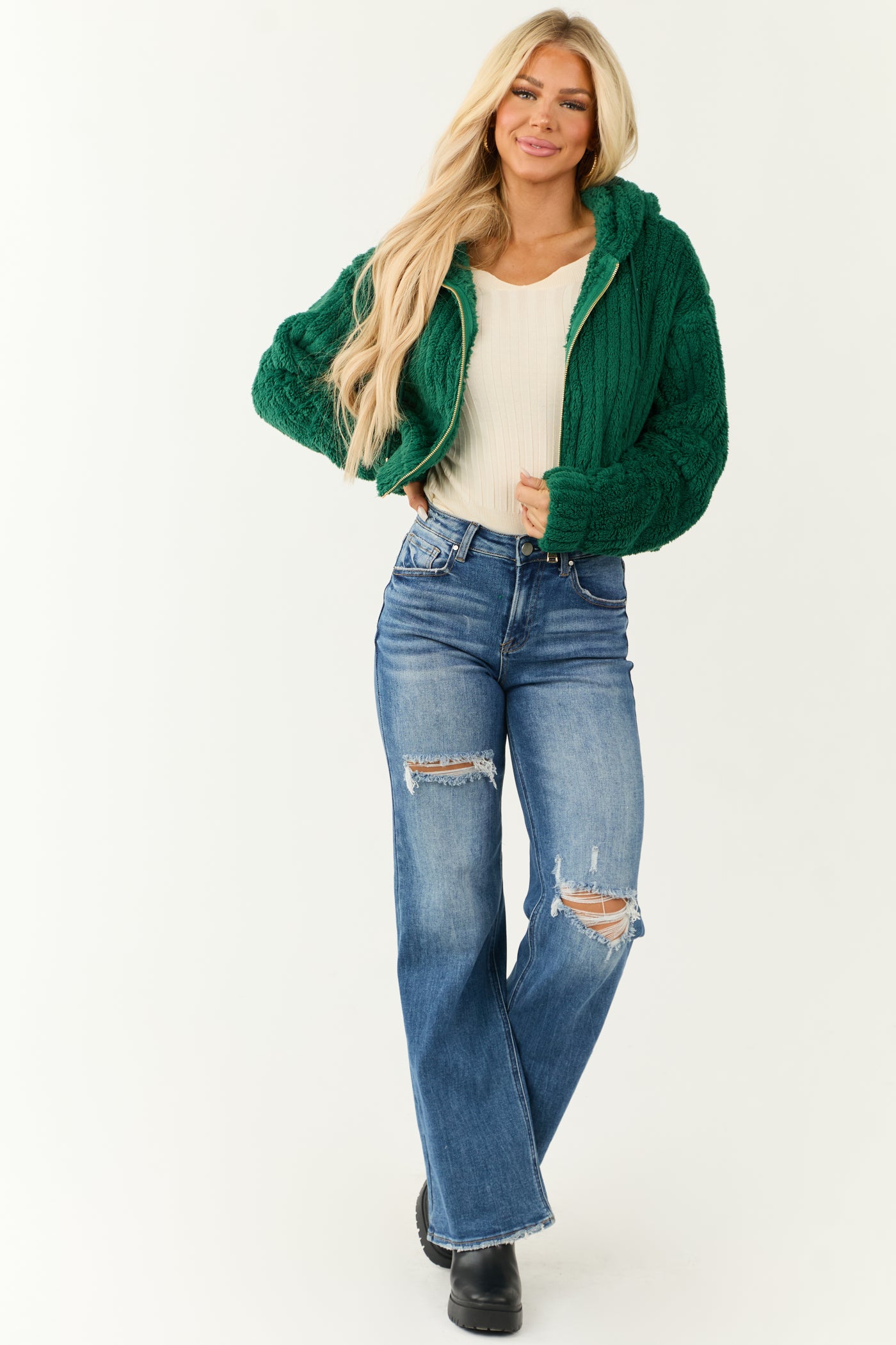 Hunter Green Hooded Ribbed Faux Fur Jacket