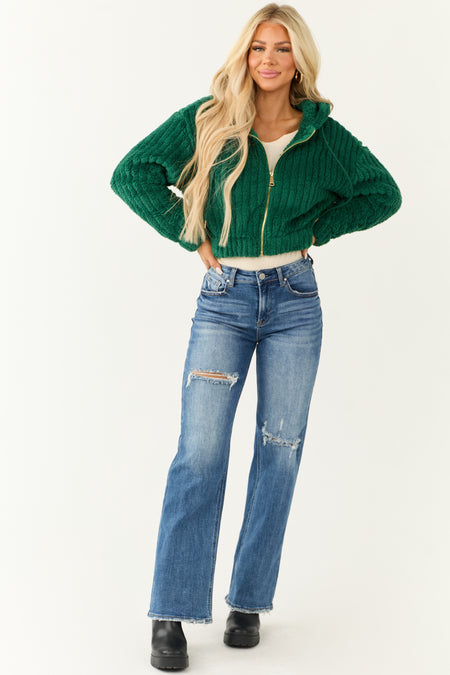 Hunter Green Hooded Ribbed Faux Fur Jacket