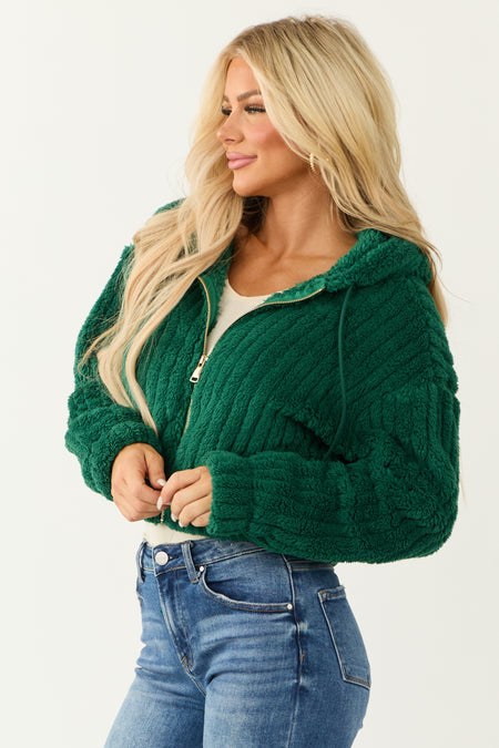 Hunter Green Hooded Ribbed Faux Fur Jacket