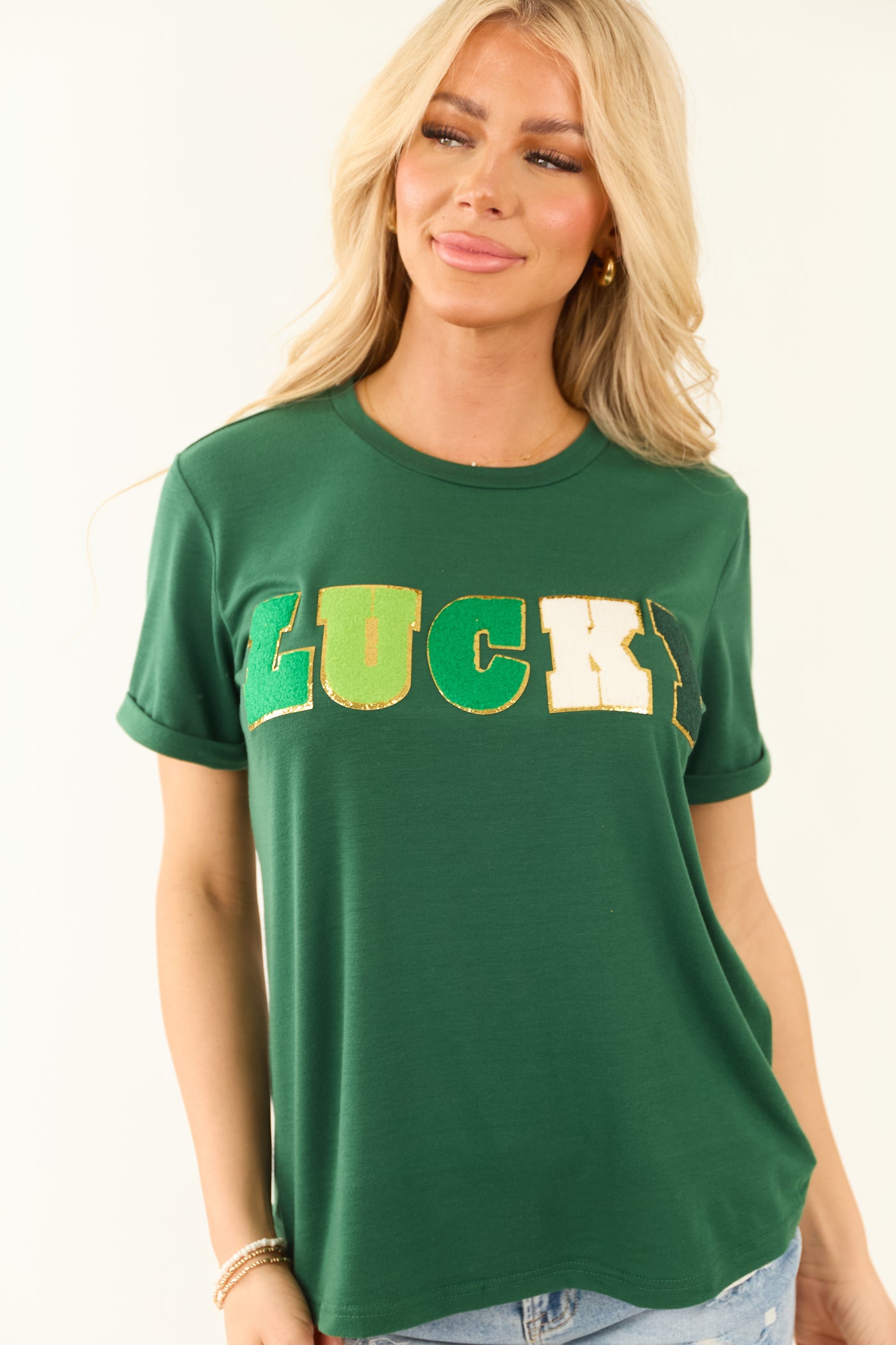 Hunter Green Textured 'Lucky' Short Sleeve Top