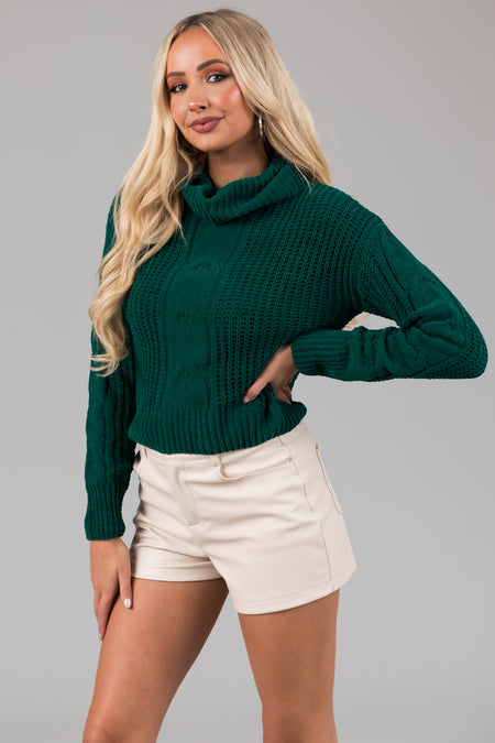 Hunter Green Turtleneck Cable Knit Chenille Sweater