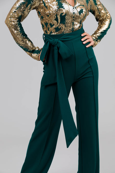 Hunter Green and Gold Sequin Print Jumpsuit