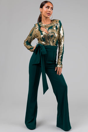 Hunter Green and Gold Sequin Print Jumpsuit