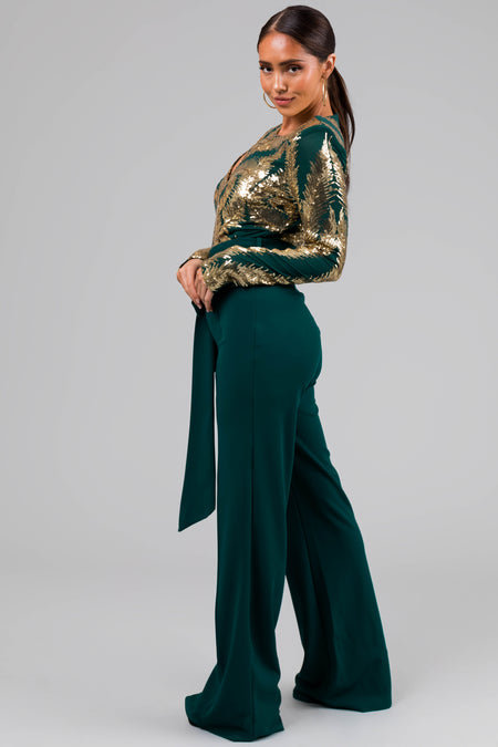 Hunter Green and Gold Sequin Print Jumpsuit