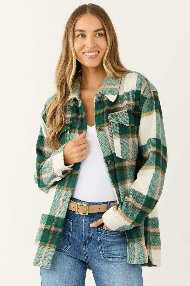 Hunter Green and Ivory Plaid Button Up Shacket