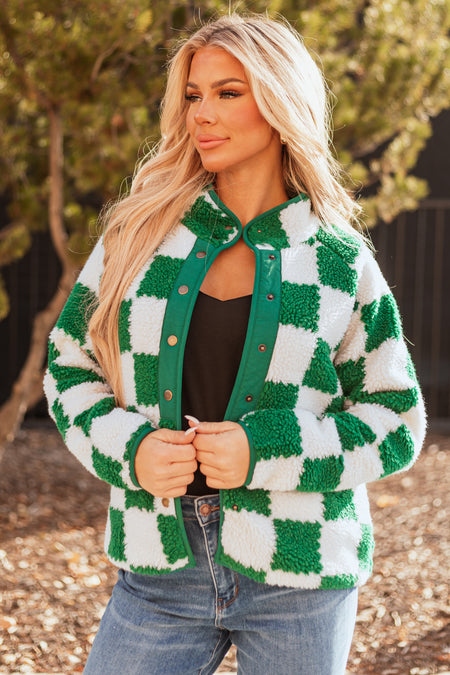 Hunter Green Checkered Button Down Sherpa Jacket