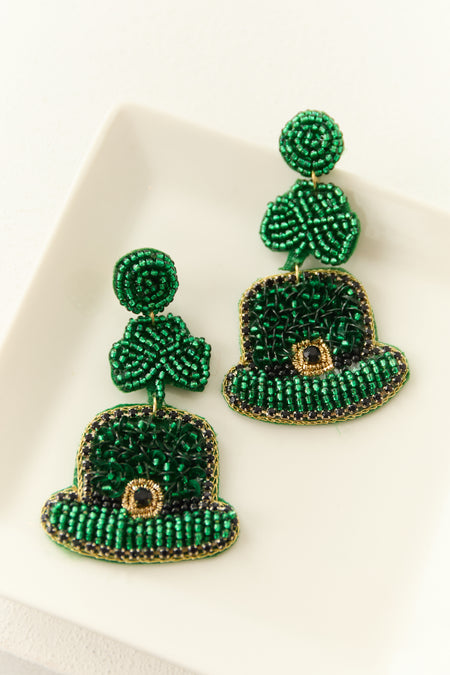 Hunter Green Seed Bead Hat Clover Dangle Earrings