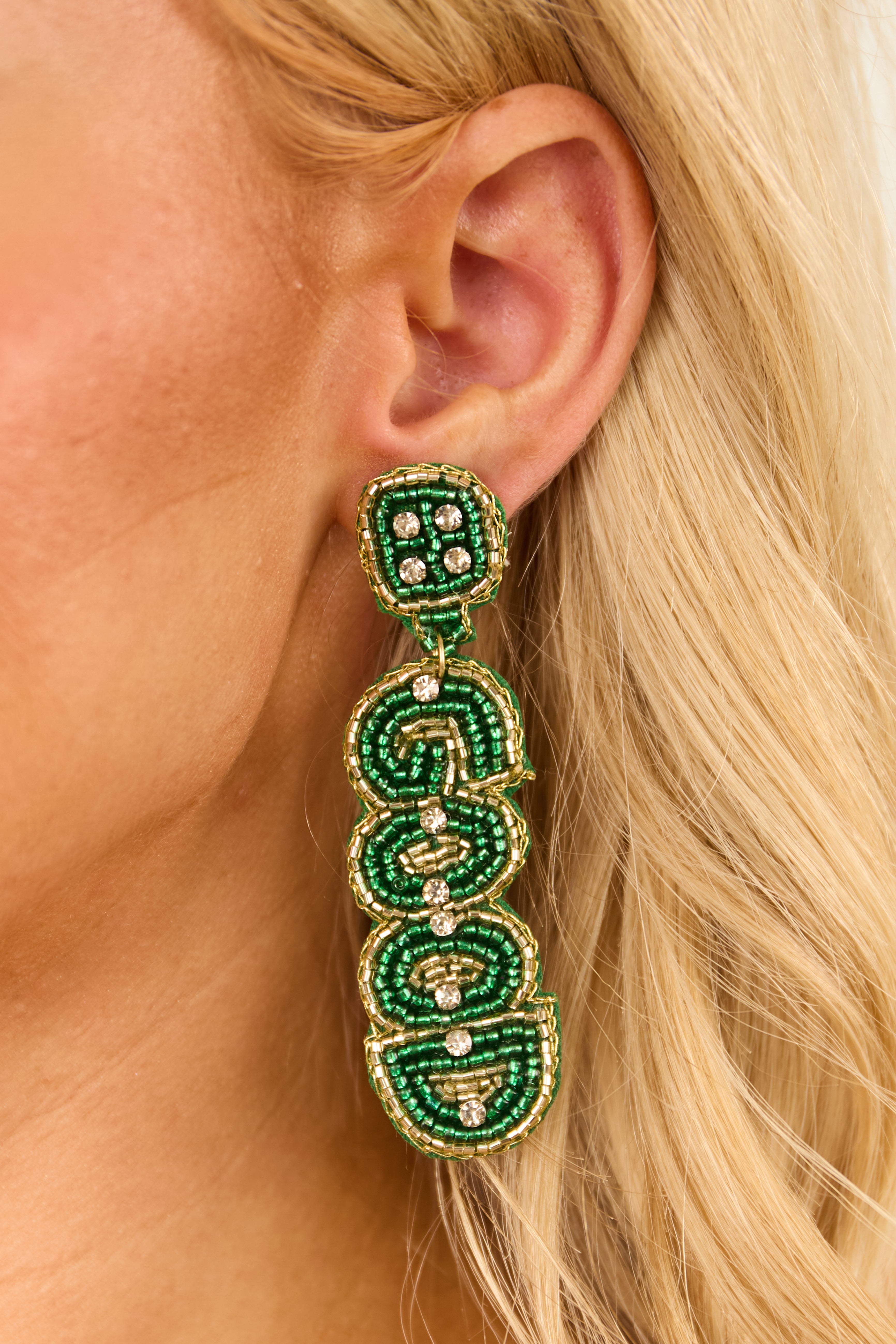 Hunter Green Seed Bead 'Good Luck' Dangle Earrings