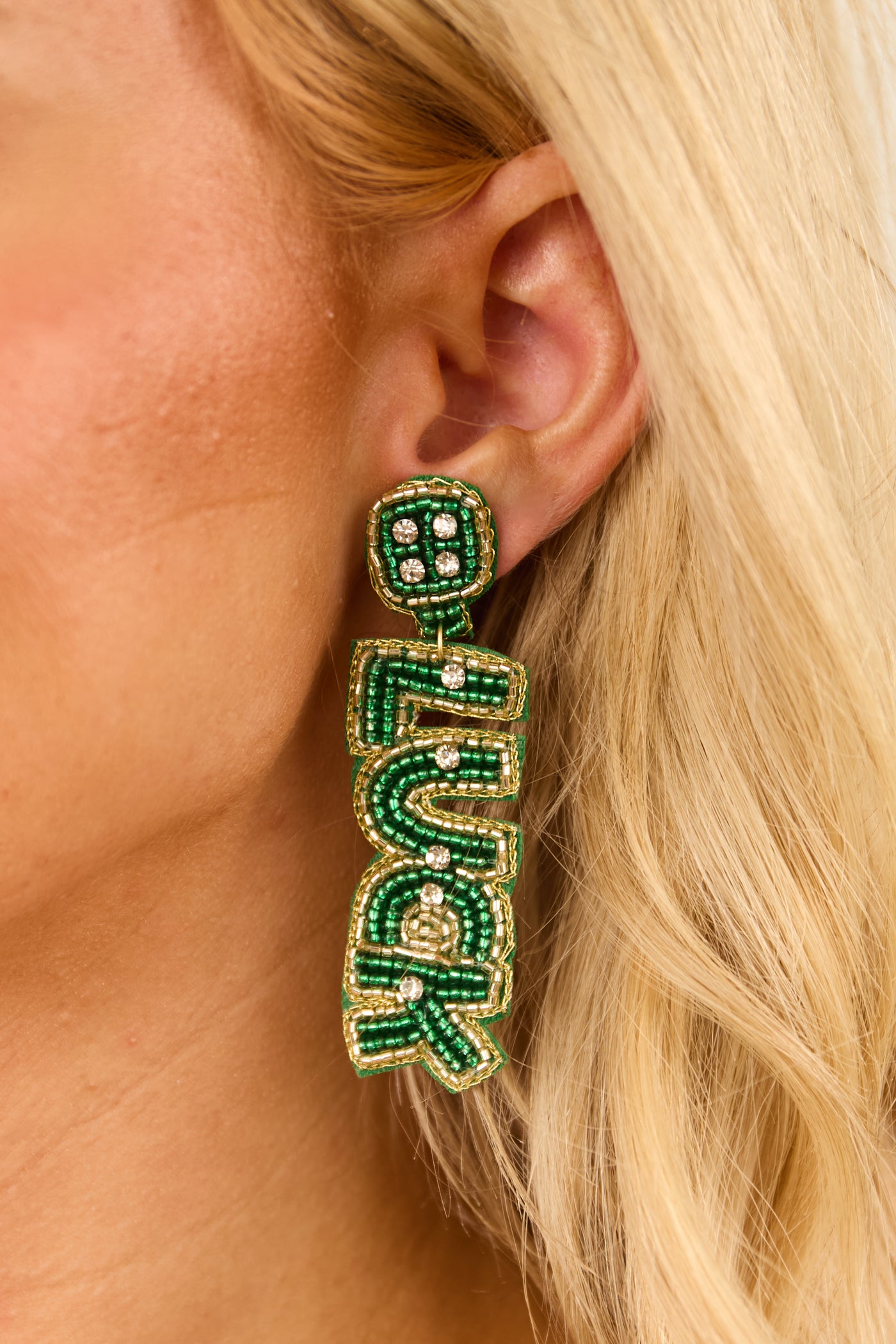 Hunter Green Seed Bead 'Good Luck' Dangle Earrings