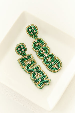 Hunter Green Seed Bead 'Good Luck' Dangle Earrings