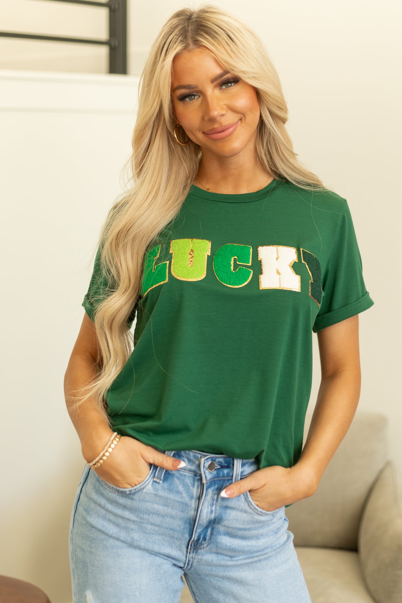 Hunter Green Textured 'Lucky' Short Sleeve Top