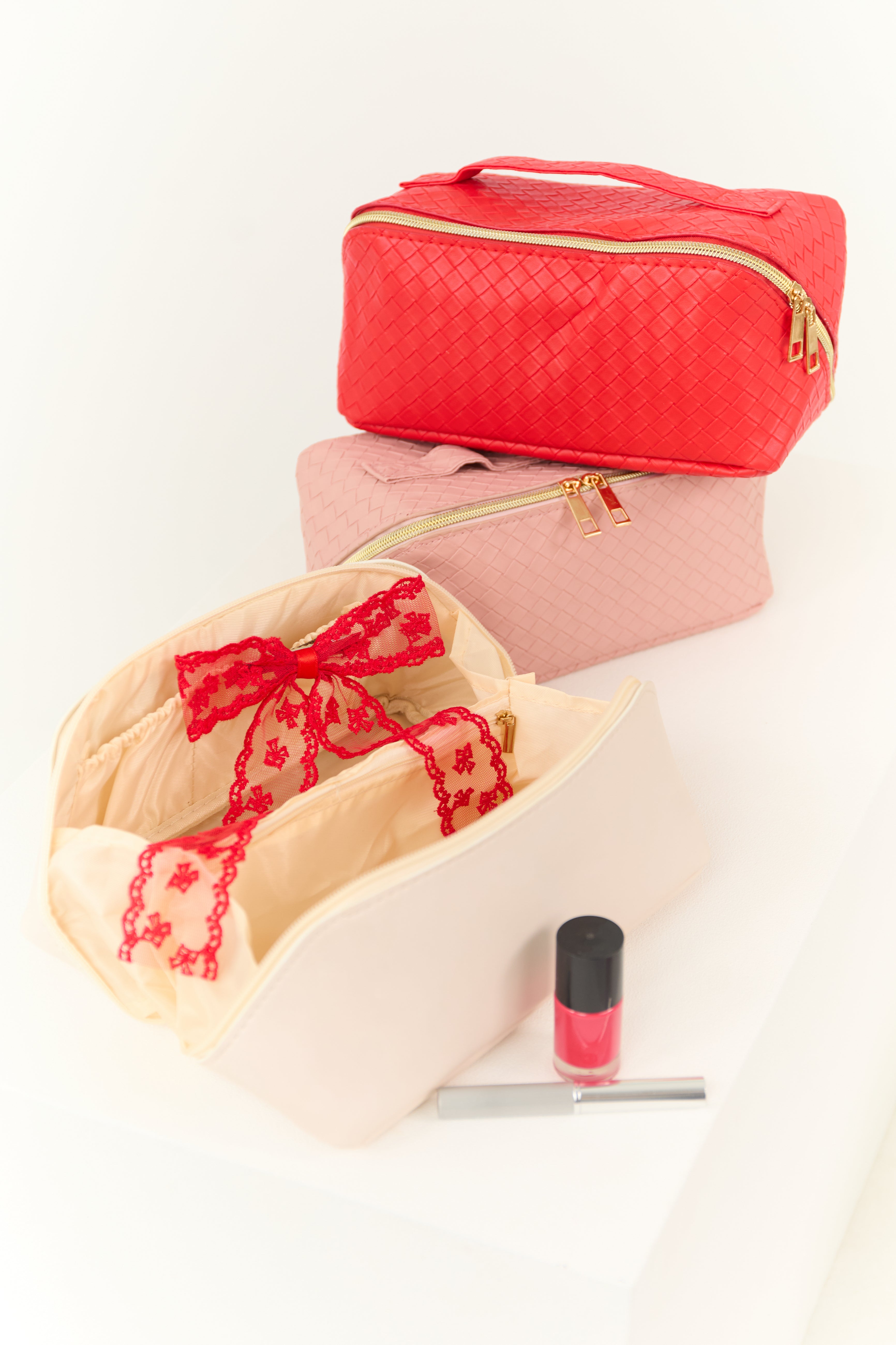 Crimson Braided Faux Leather Makeup Bag