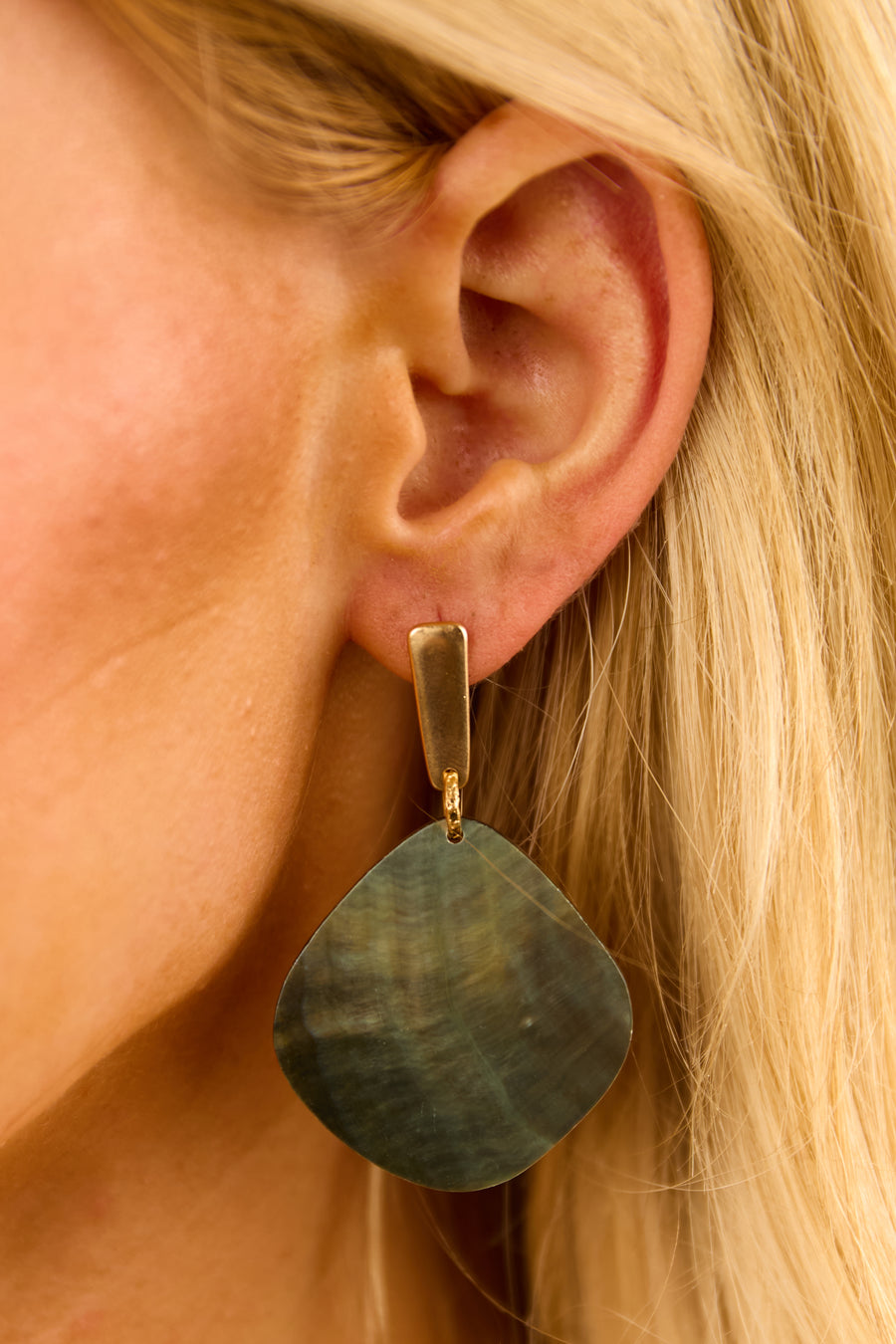 Iridescent Taupe Tear Shell Gold Bar Dangle Earrings