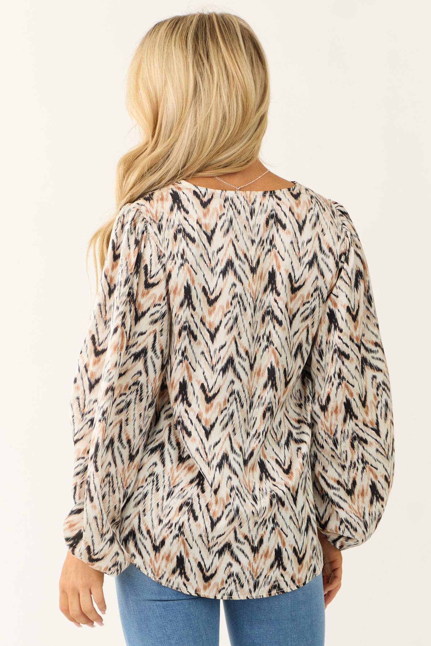 Ivory Abstract Print Long Sleeve V Neck Blouse