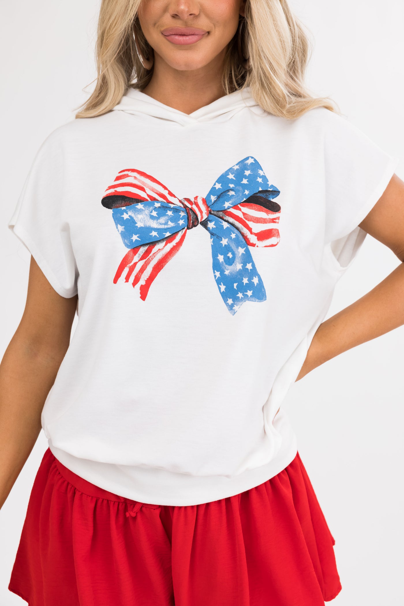 Ivory American Flag Bow Hooded Short Sleeve Top