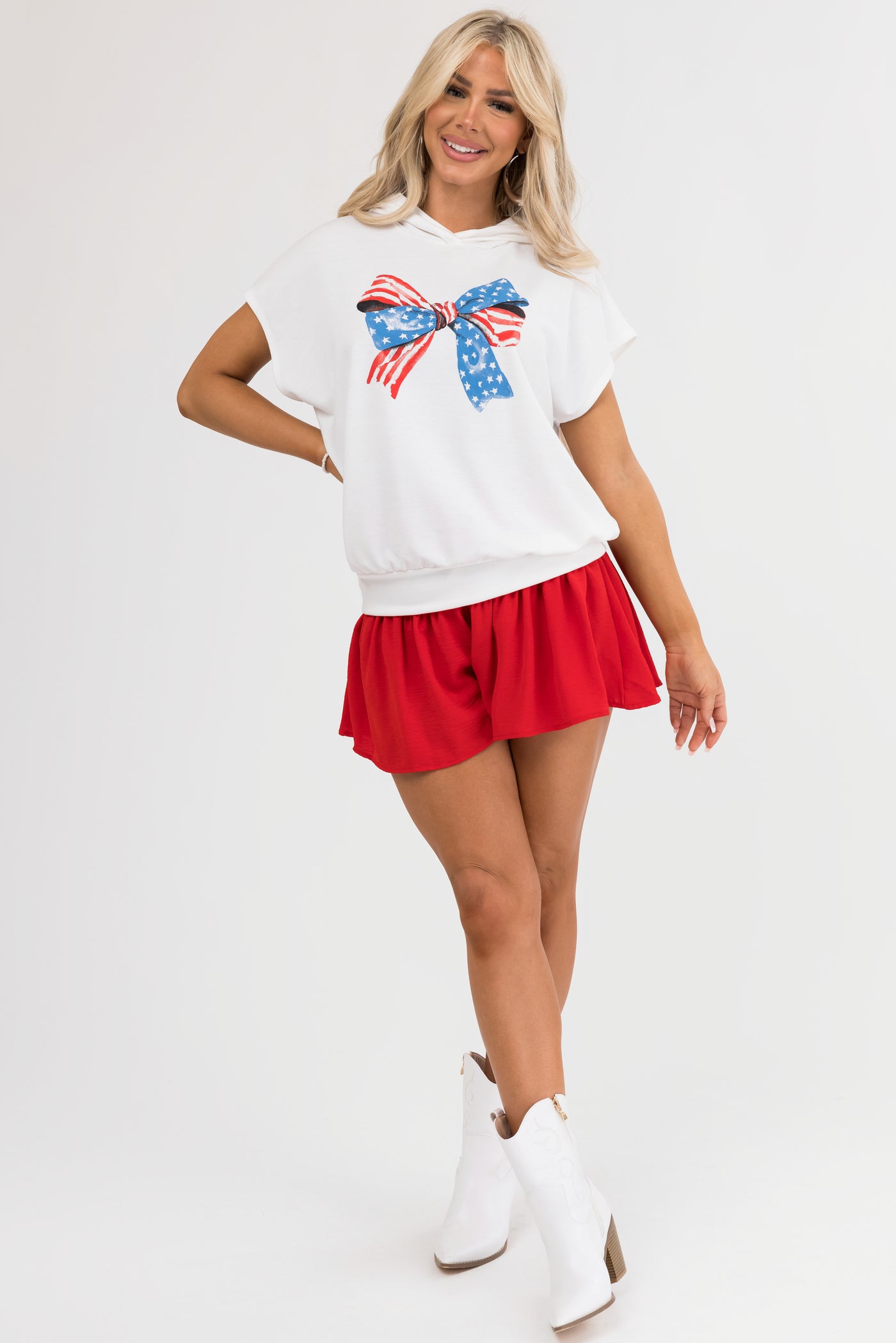 Ivory American Flag Bow Hooded Short Sleeve Top