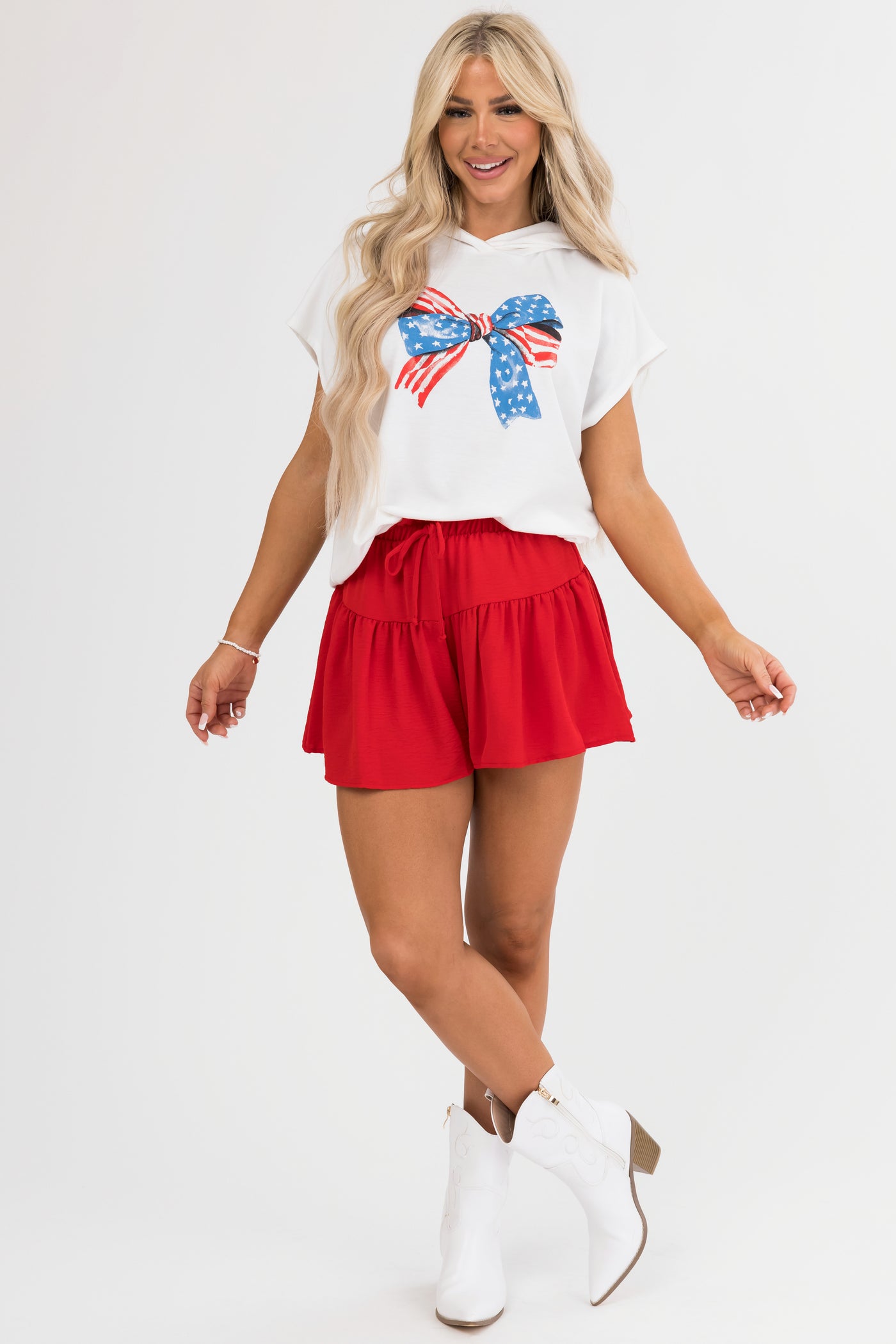 Ivory American Flag Bow Hooded Short Sleeve Top