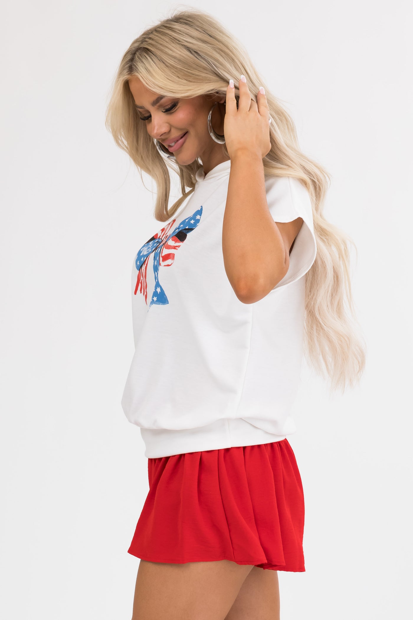 Ivory American Flag Bow Hooded Short Sleeve Top