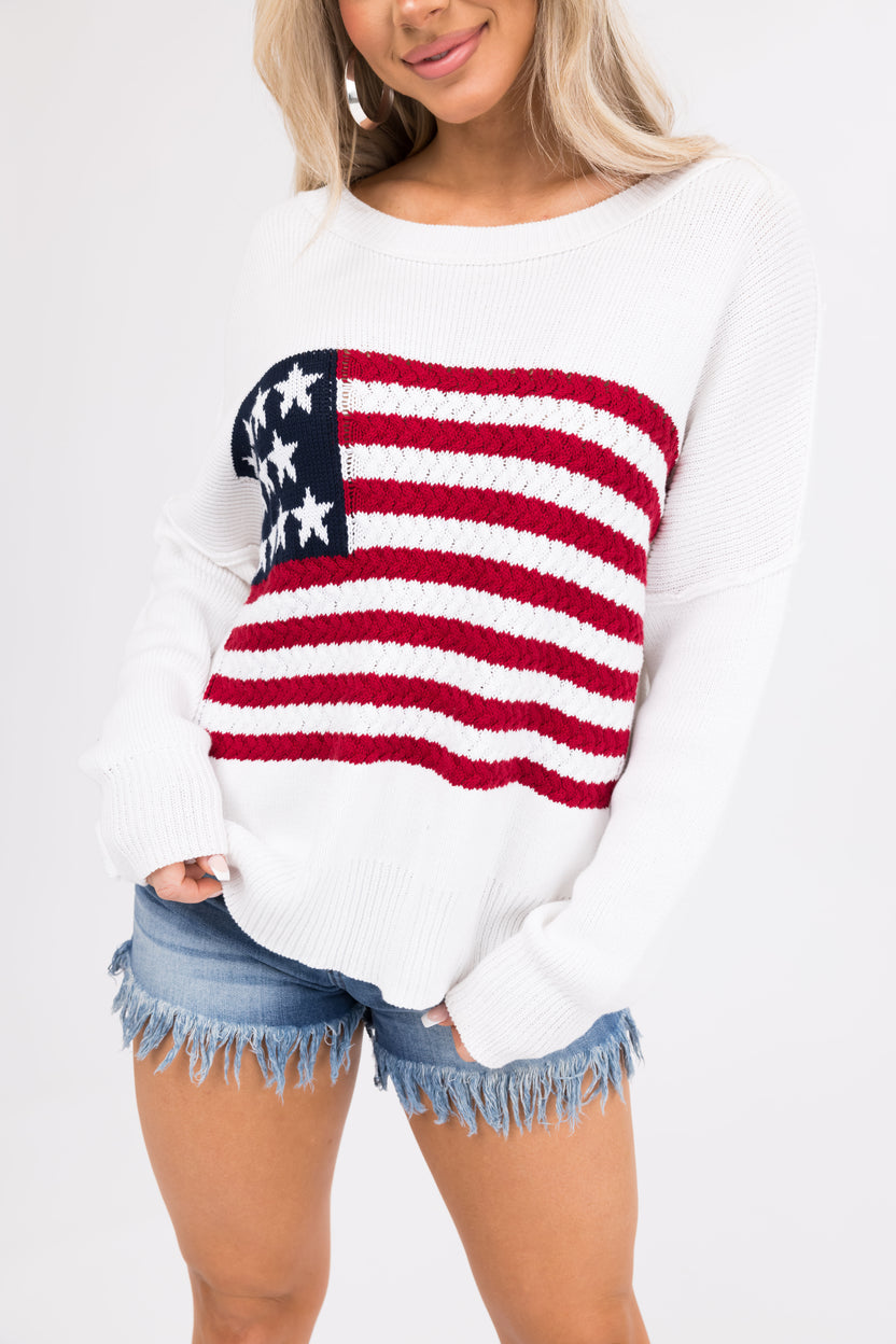 Ivory American Flag Crochet Knit Sweater | Lime Lush