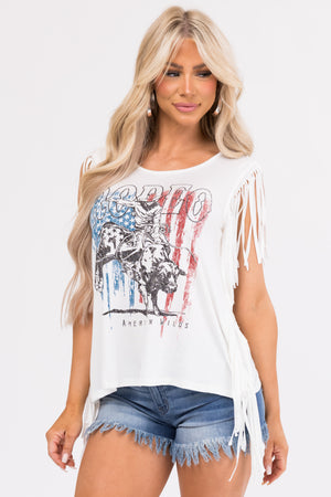 Ivory American Flag Rodeo Graphic Fringe Tank Top