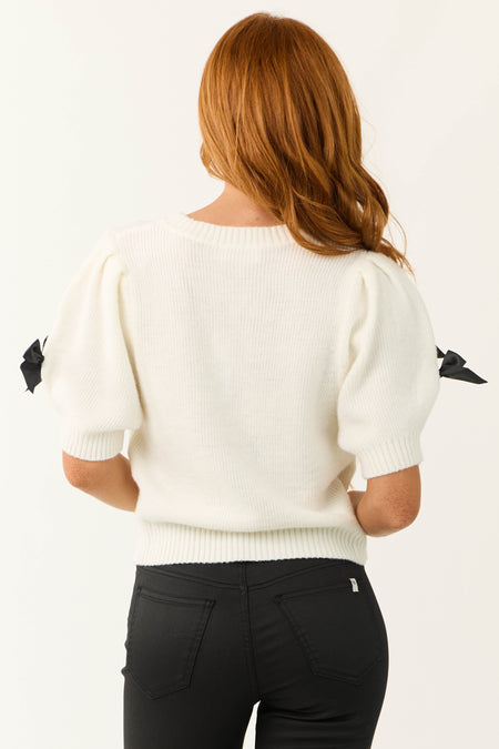 Ivory Bow Detail Short Puff Sleeve Sweater