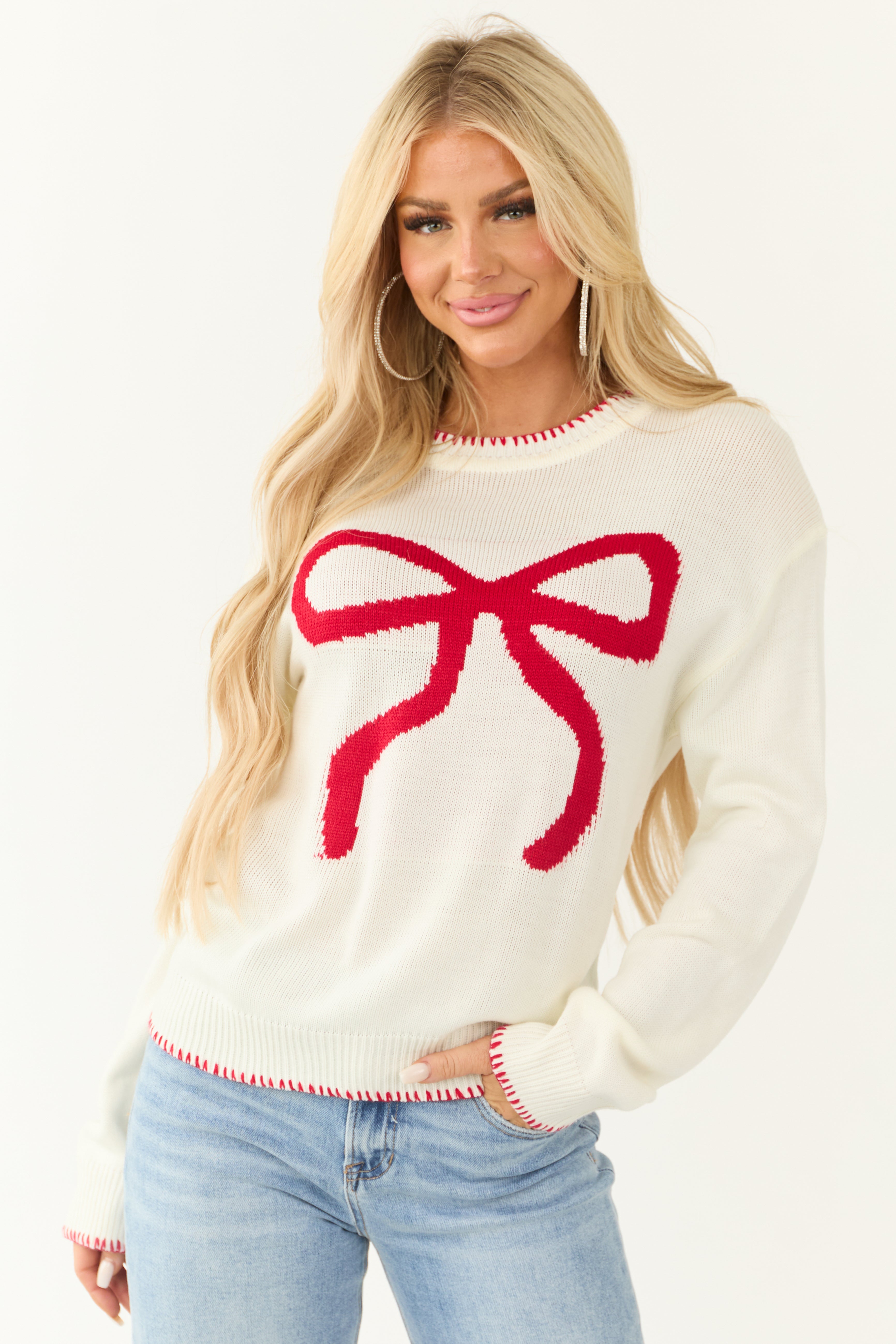 Ivory Bow Graphic Crew Neck Long Sleeve Sweater