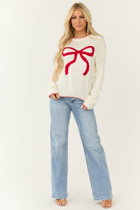 Ivory Bow Graphic Crew Neck Long Sleeve Sweater