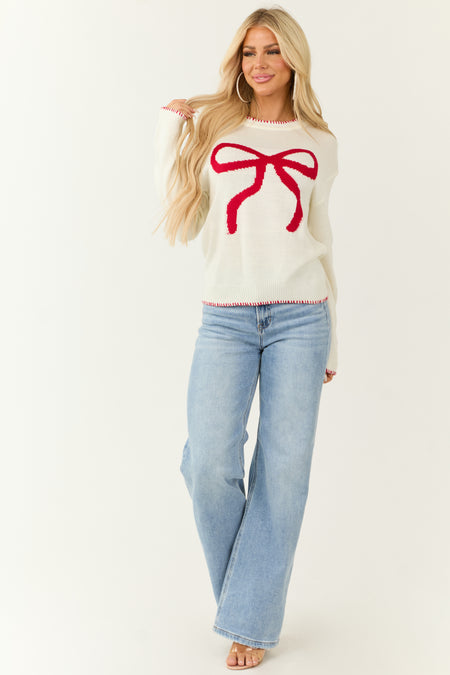 Ivory Bow Graphic Crew Neck Long Sleeve Sweater