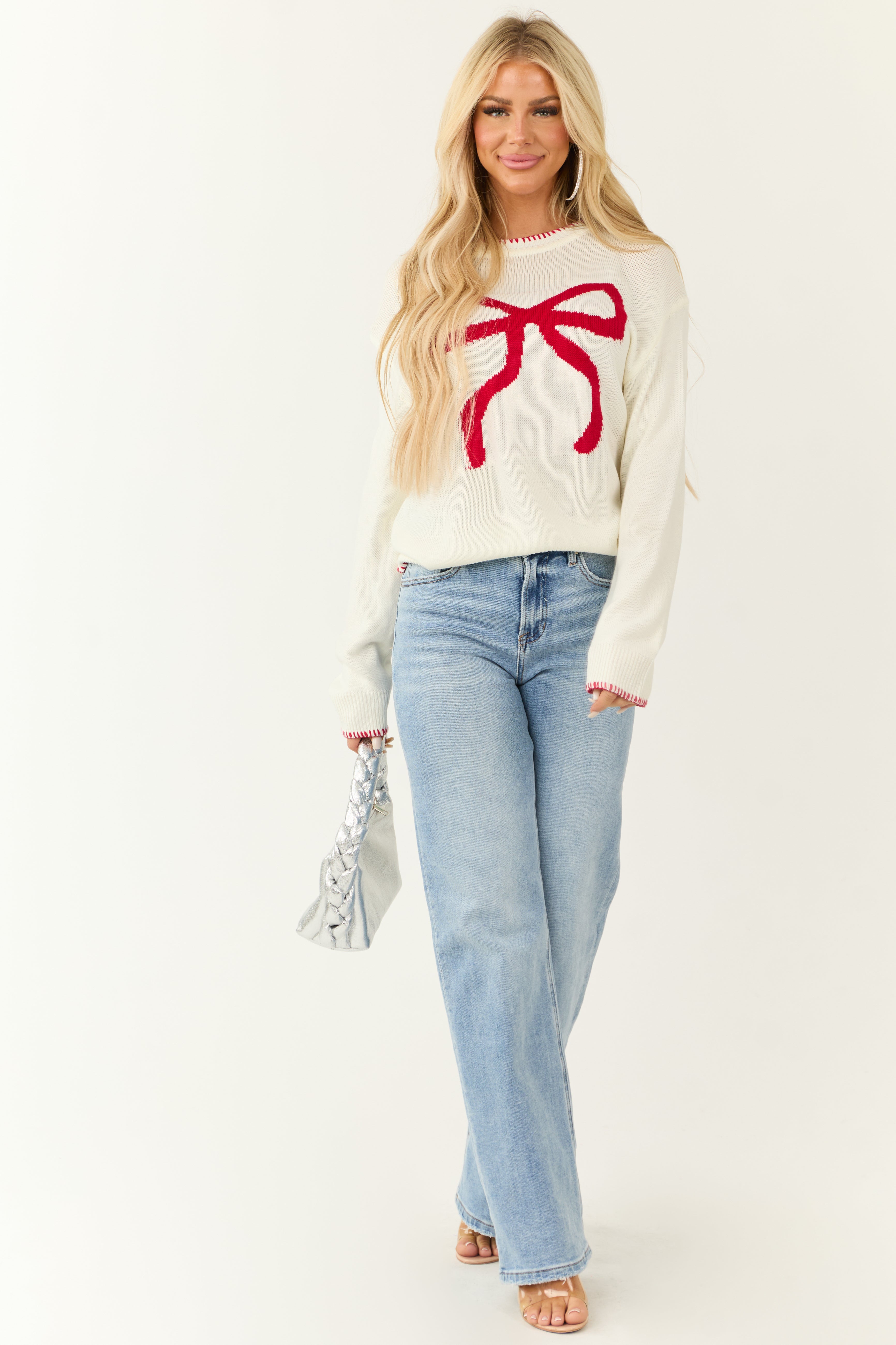 Ivory Bow Graphic Crew Neck Long Sleeve Sweater