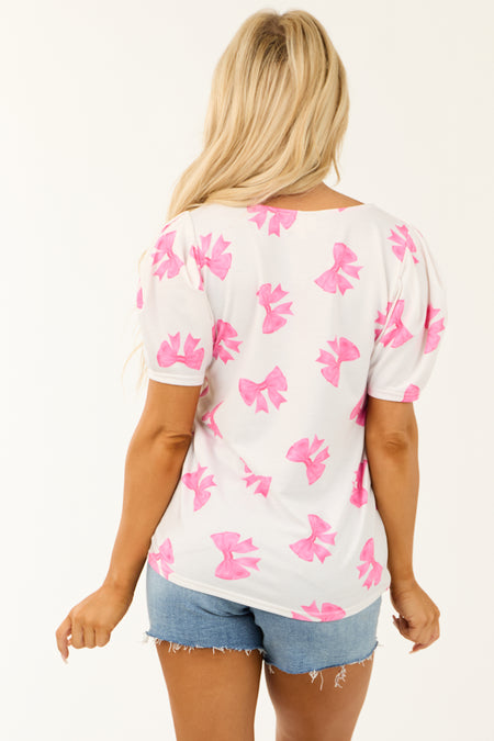 Ivory Bow Print Detail Short Puff Sleeve Top