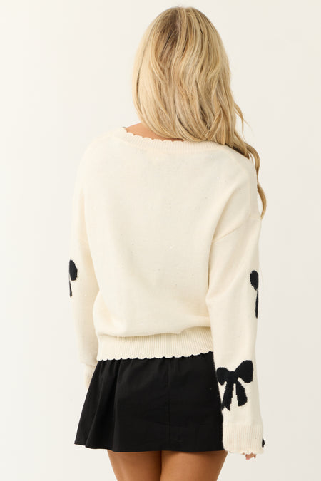 Ivory Bow Print Sweater with Pearls and Rhinestones