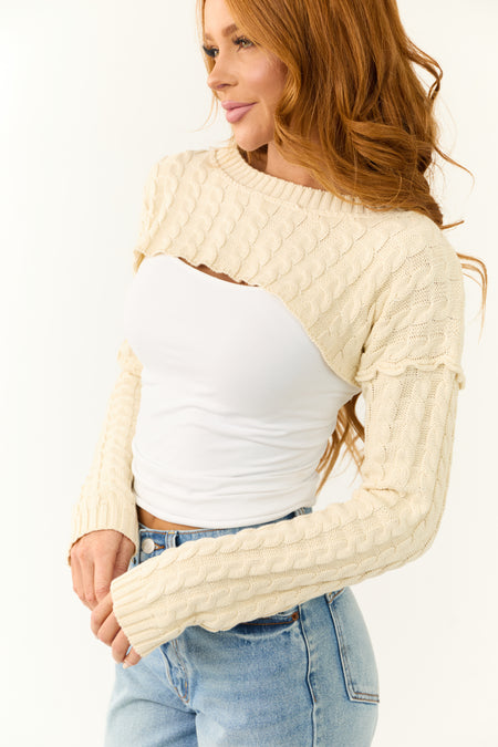 Ivory Cable Knit Long Sleeve Cropped Shrug Top