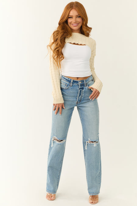 Ivory Cable Knit Long Sleeve Cropped Shrug Top