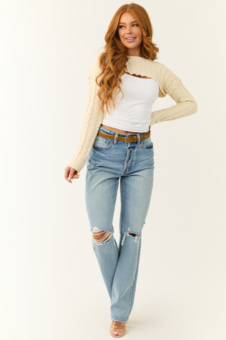 Ivory Cable Knit Long Sleeve Cropped Shrug Top