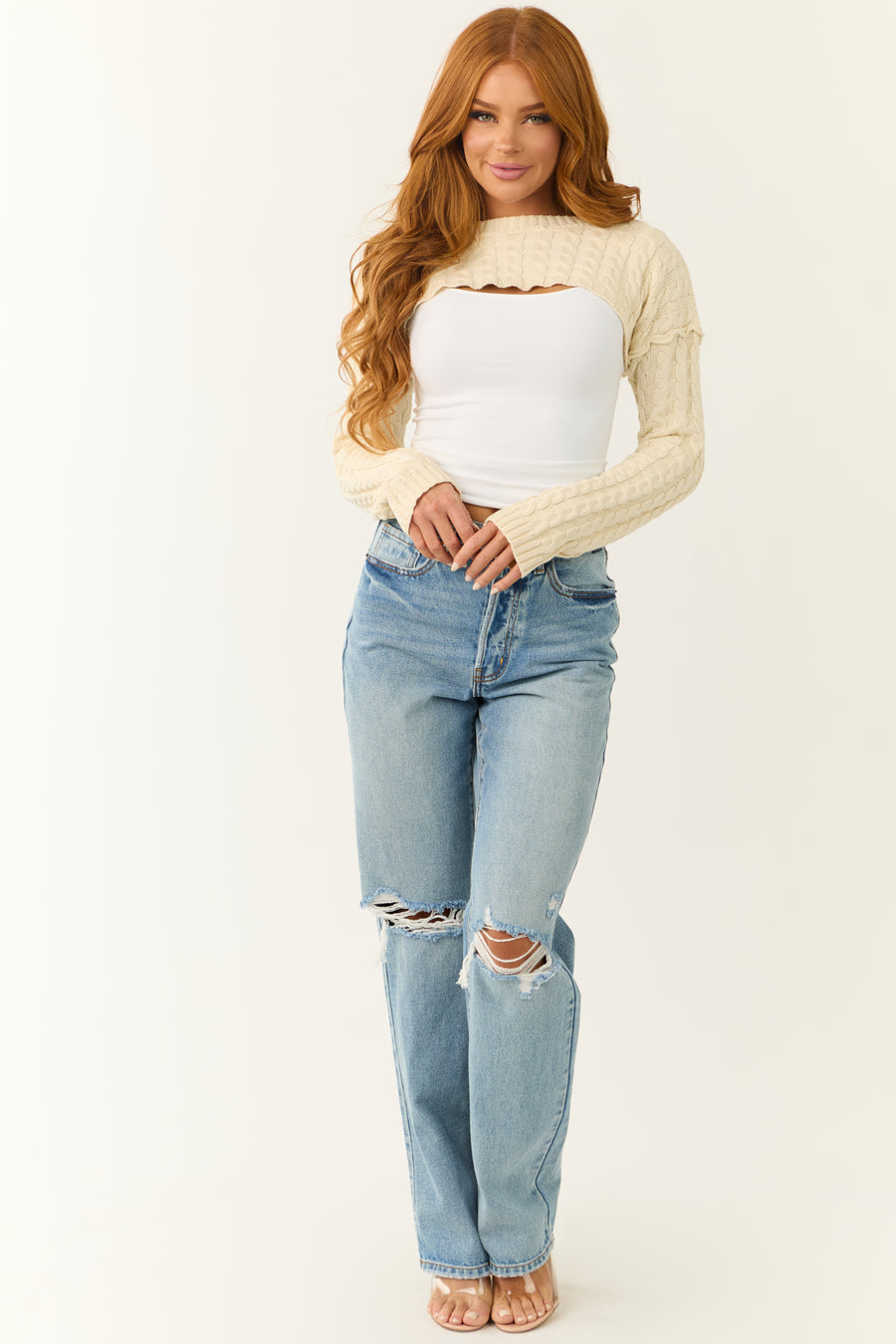 Ivory Cable Knit Long Sleeve Cropped Shrug Top