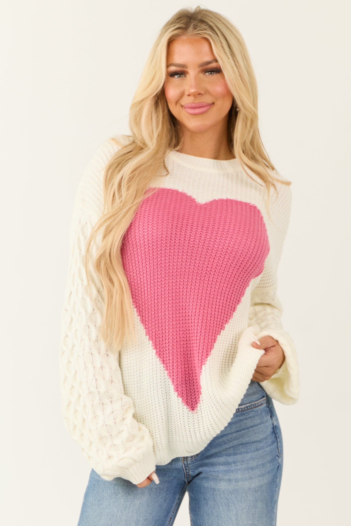 Ivory Cable Knit Long Sleeve Heart Sweater