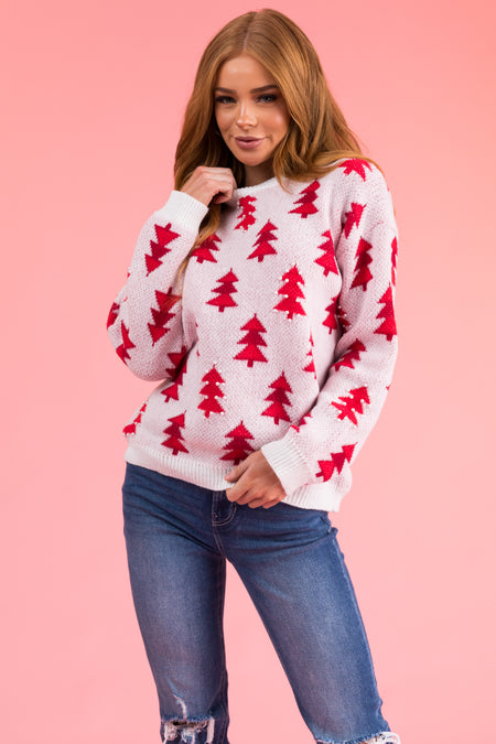 Ivory Christmas Tree Pearl Graphic Sweater