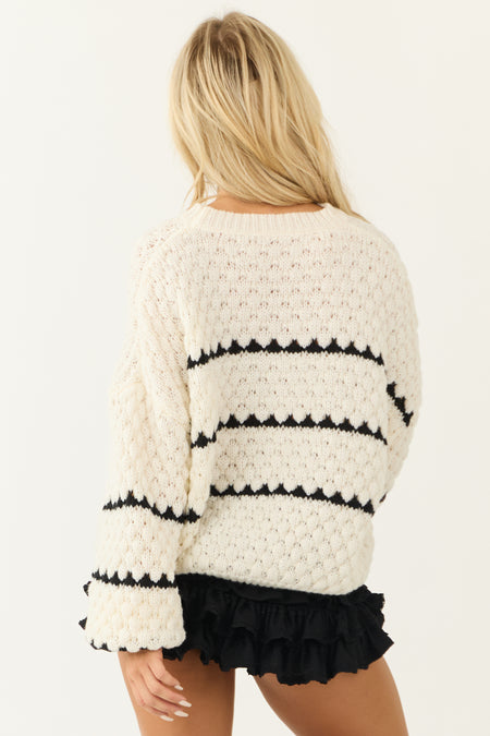 Ivory Chunky Knit Striped Balloon Sleeve Sweater