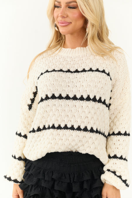 Ivory Chunky Knit Striped Balloon Sleeve Sweater