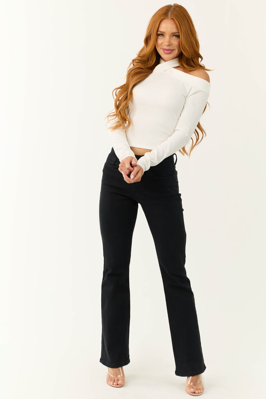 Ivory Cold Shoulder Long Sleeve Cropped Top