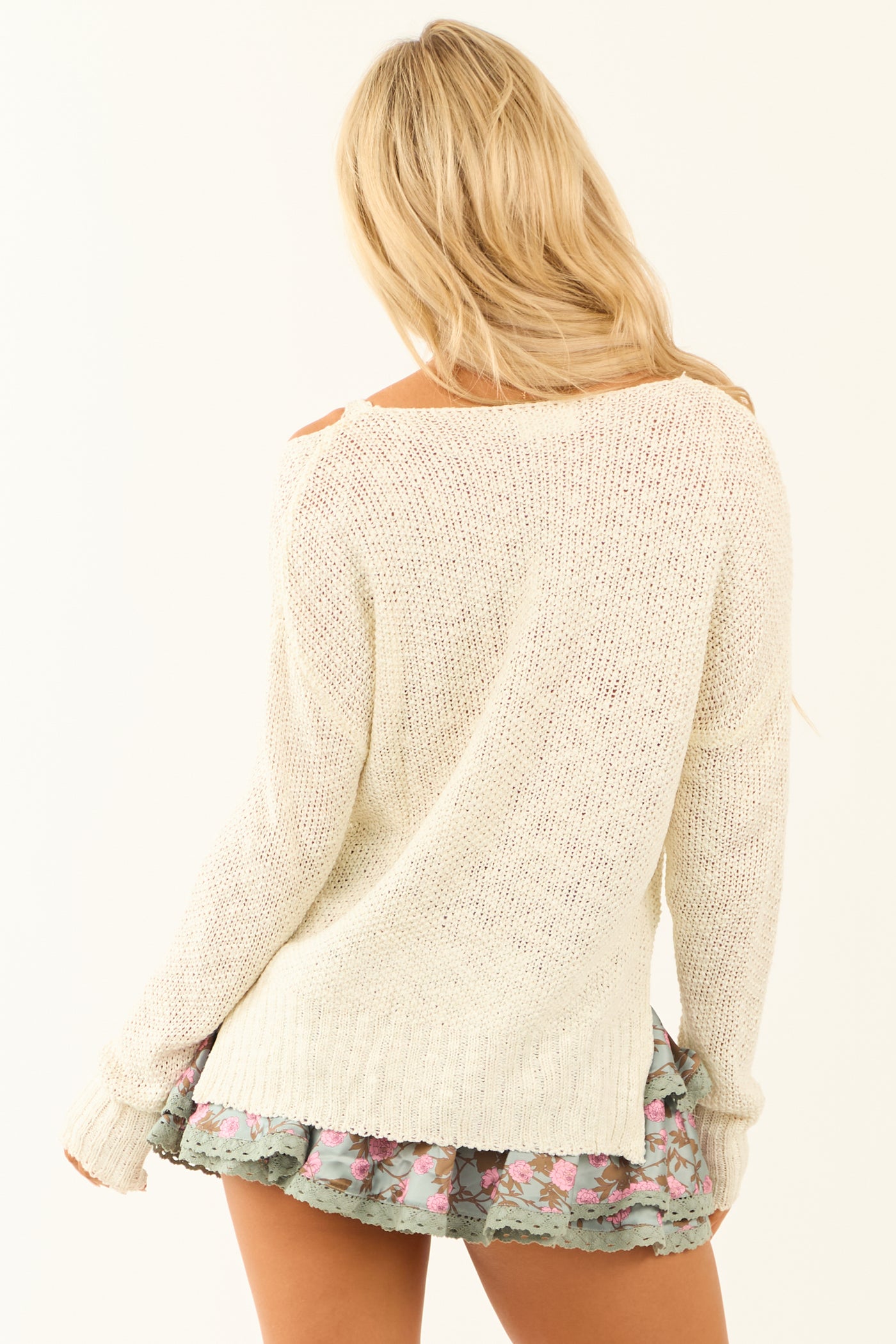 Ivory Cold Shoulder Open Knit Sweater