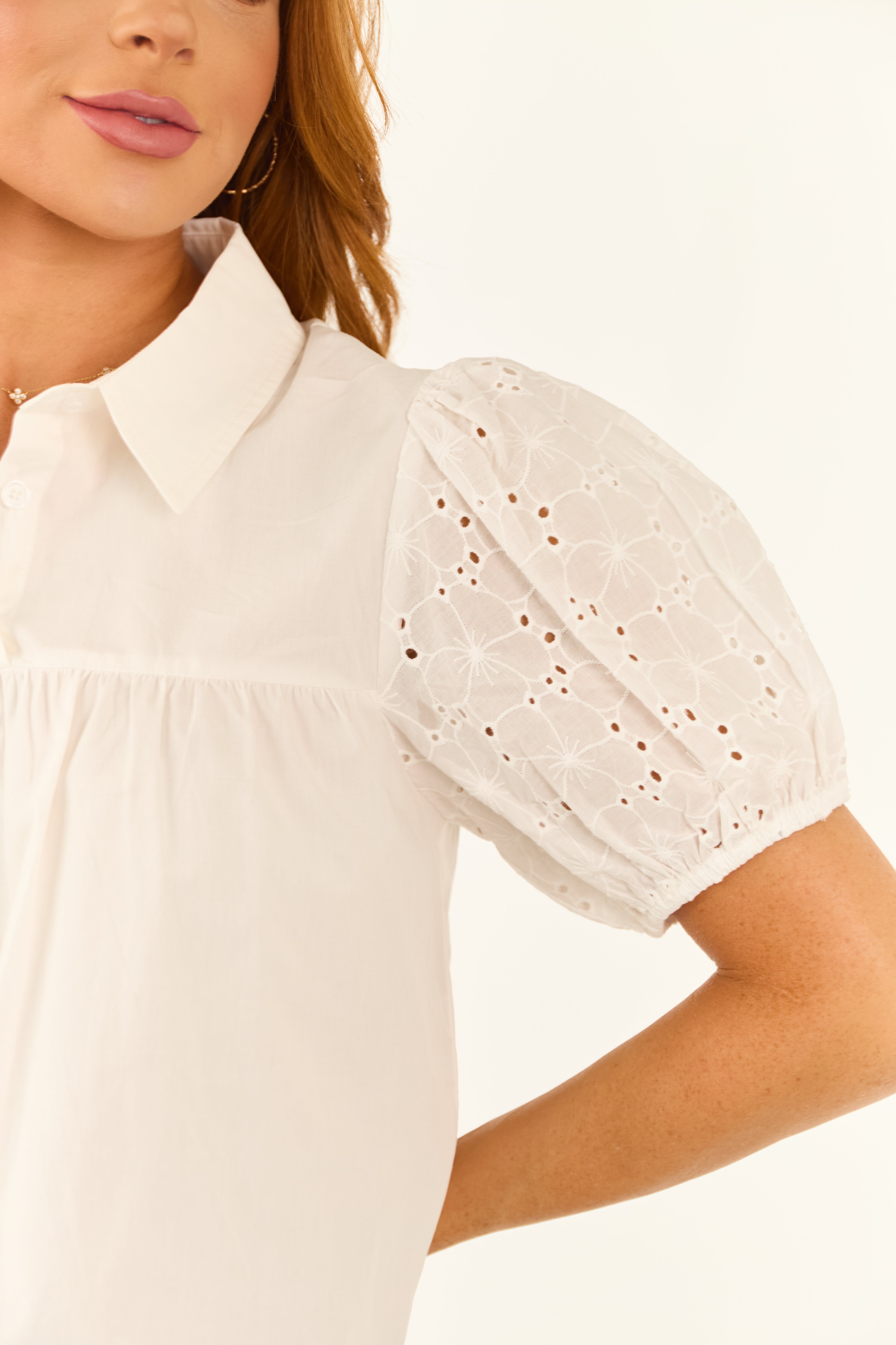 Ivory Collared Puff Eyelet Lace Sleeve Poplin Top