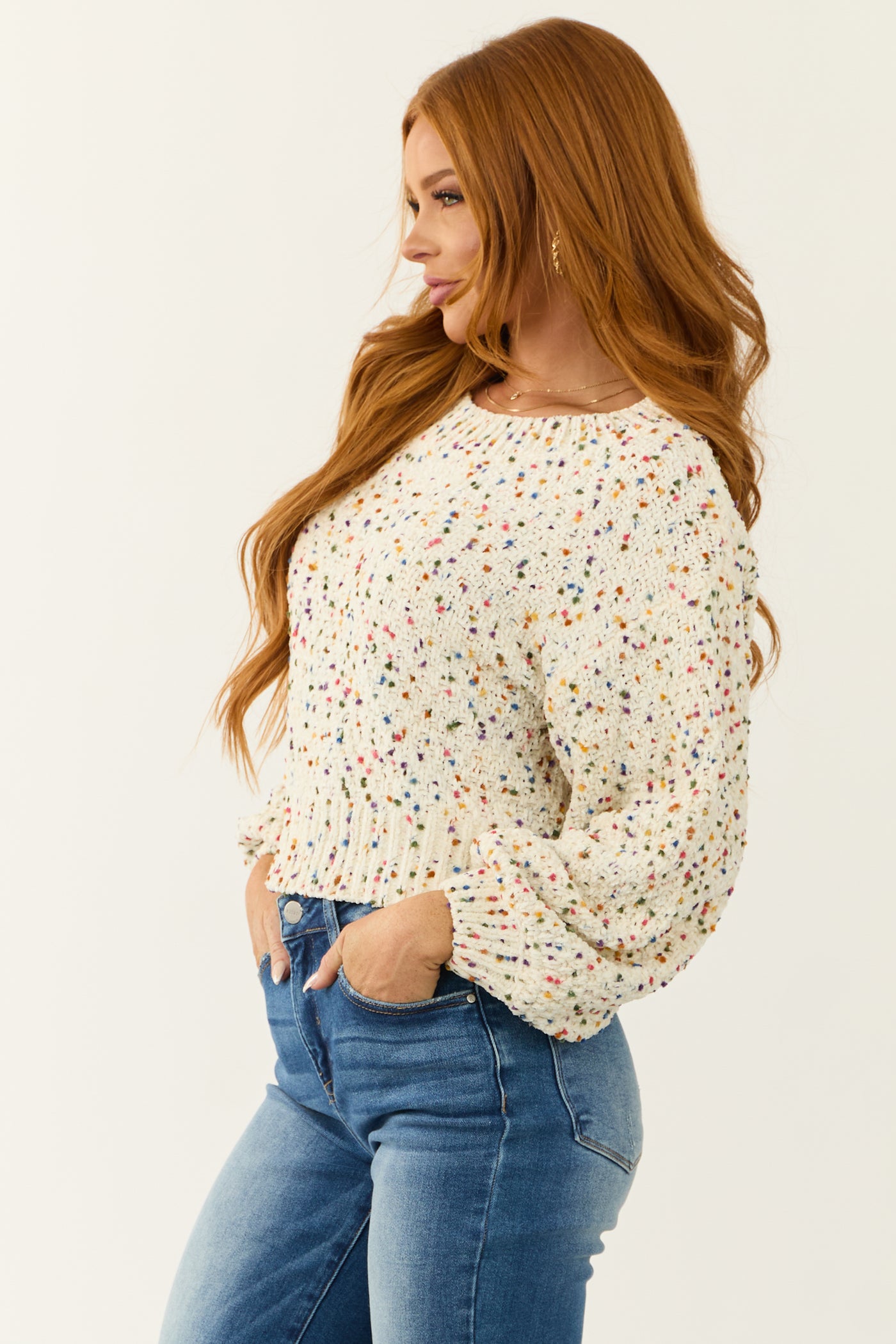 Ivory Confetti Knit Cropped Chenille Sweater