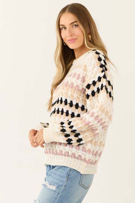 Ivory Crochet Abstract Pattern Knit Sweater