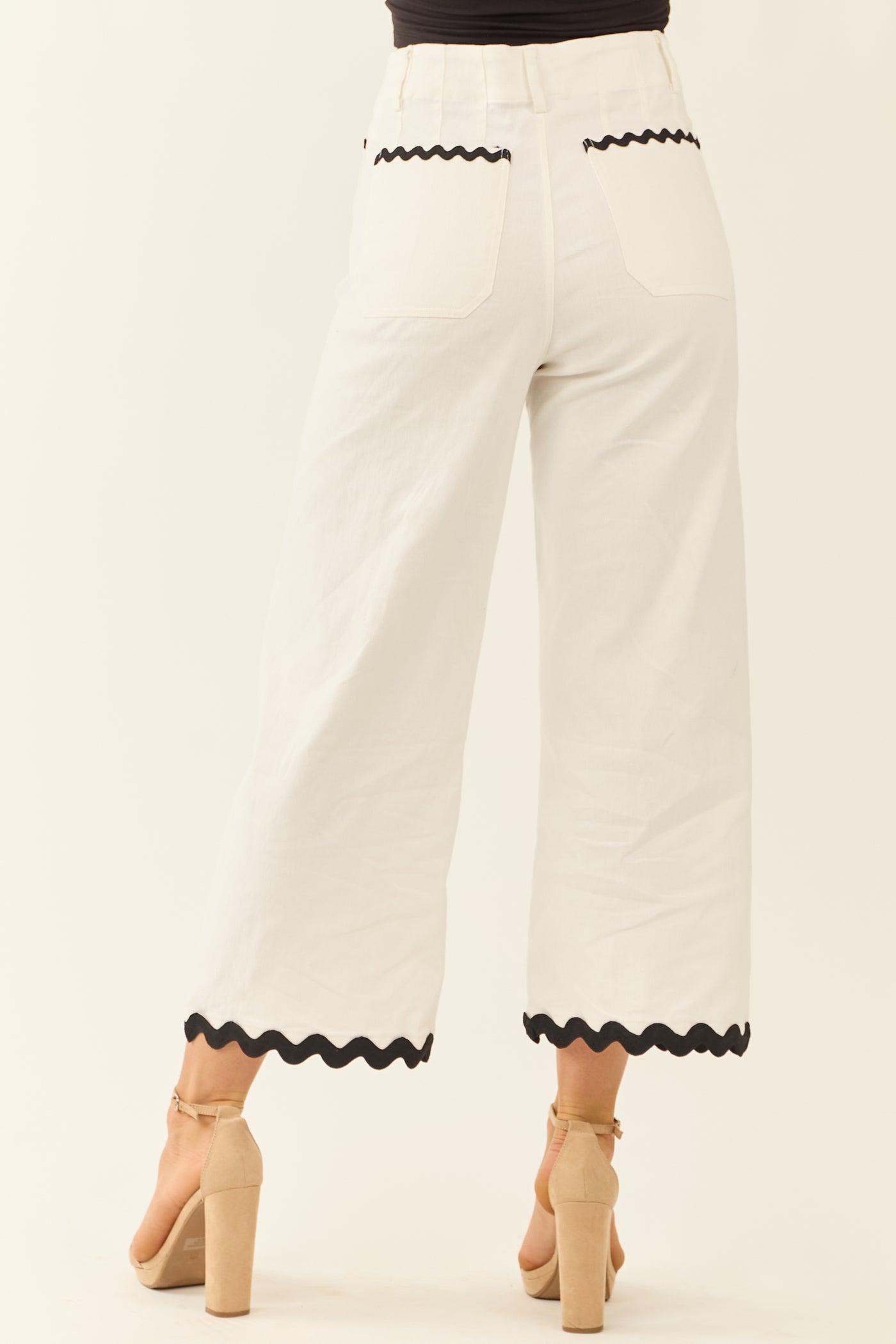 Ivory Denim Ric Rac Trim Cropped Straight Leg Pants