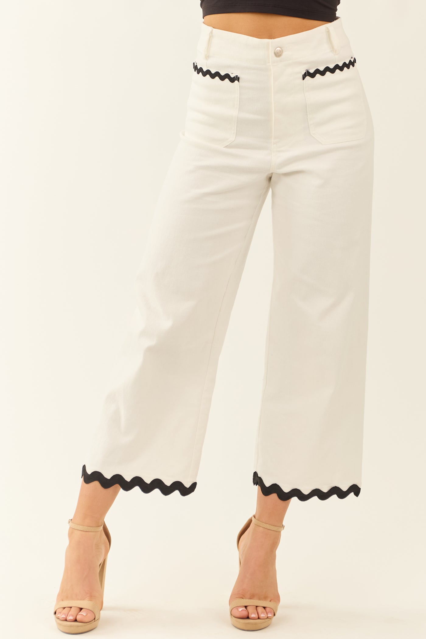 Ivory Denim Ric Rac Trim Cropped Straight Leg Pants